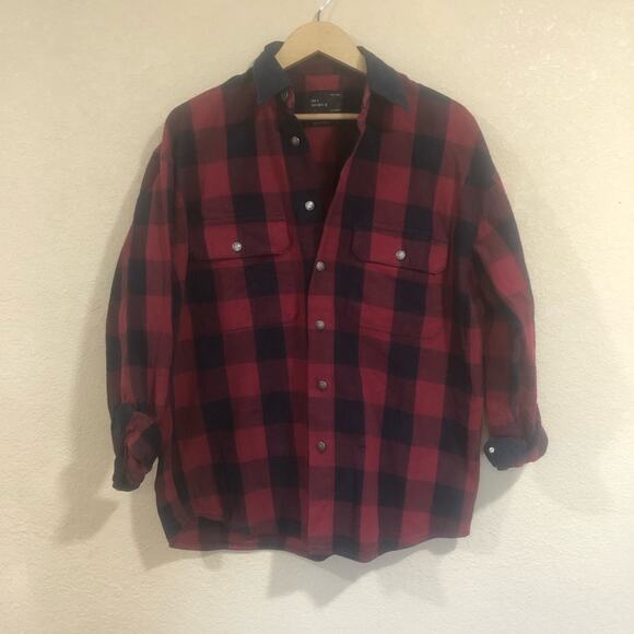 Zara relaxed red blue plaid flannel fit button up shirt - Picture 1 of 6
